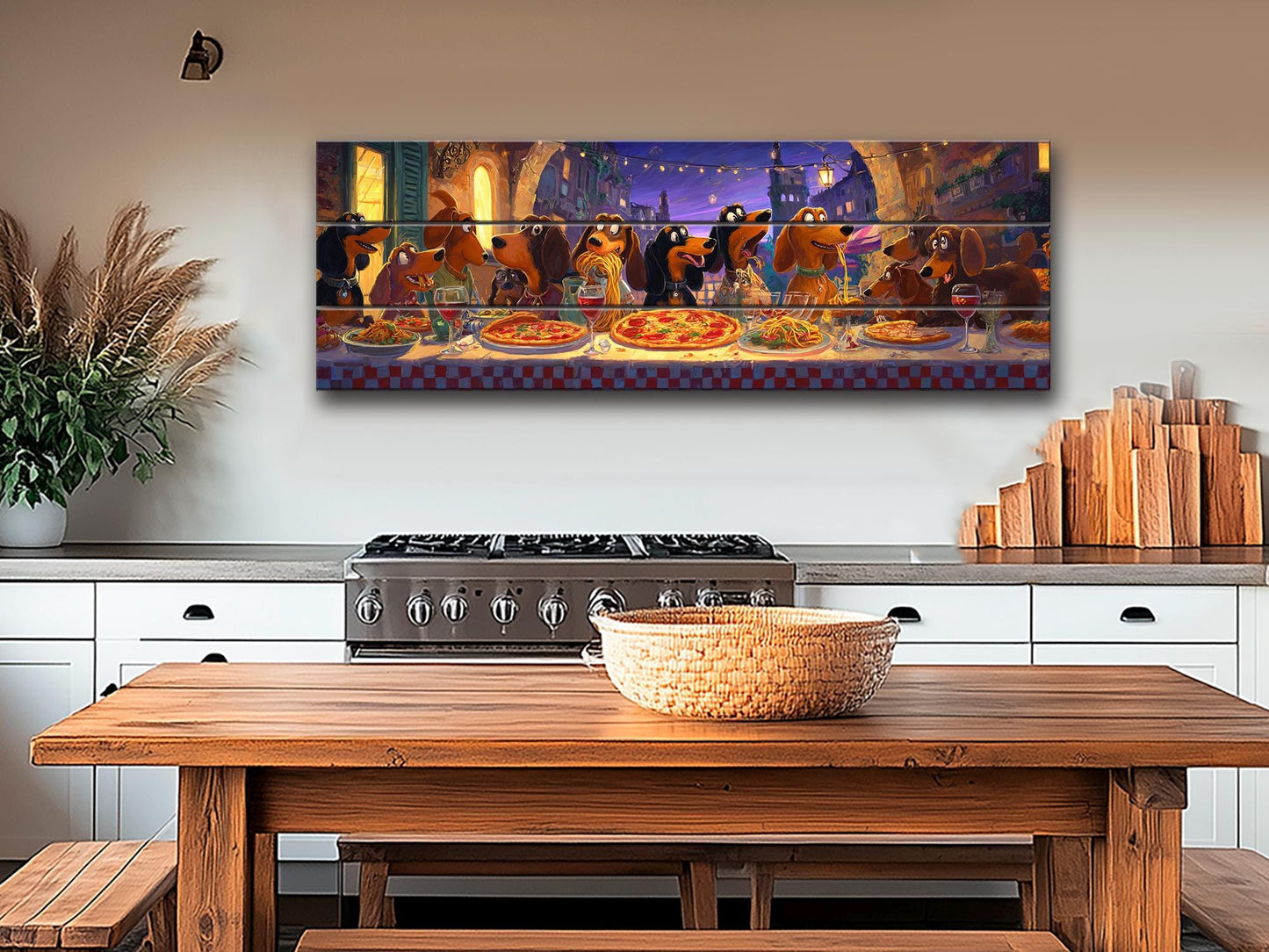 Dachshund Pizza Wall Art – Rustic Wood Plank Print With Playful Dog Illustration