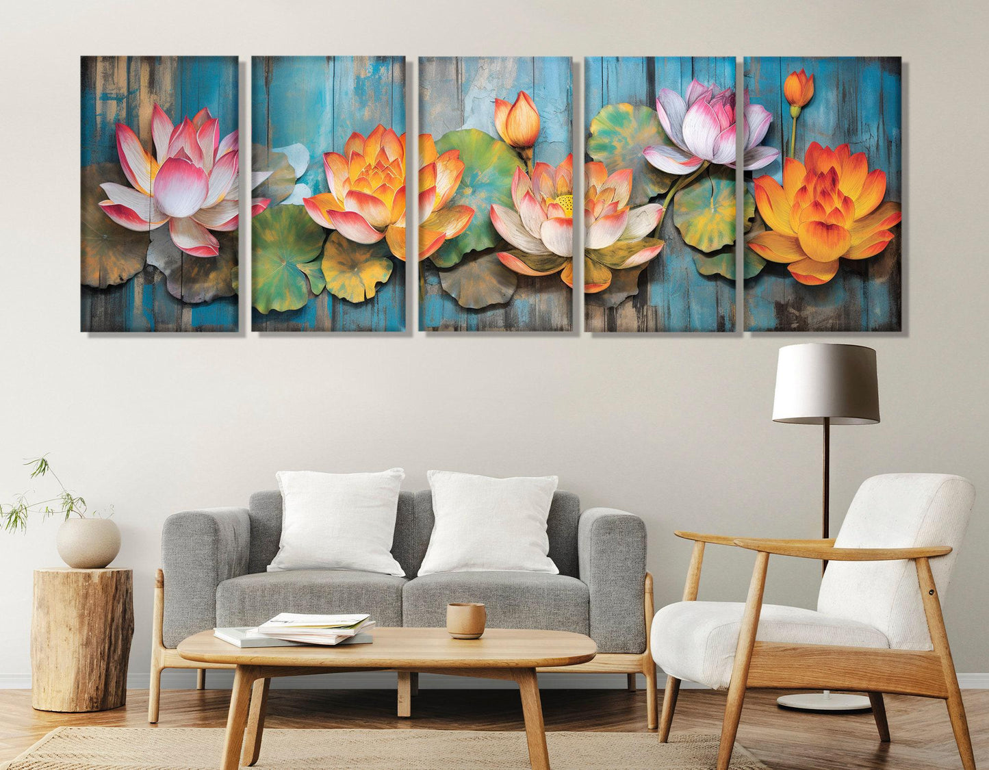 Abstract Lotus Canvas - Vibrant Floral Wall Decor With Wooden Background Painting