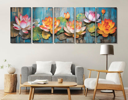 Abstract Lotus Canvas - Vibrant Floral Wall Decor With Wooden Background Painting
