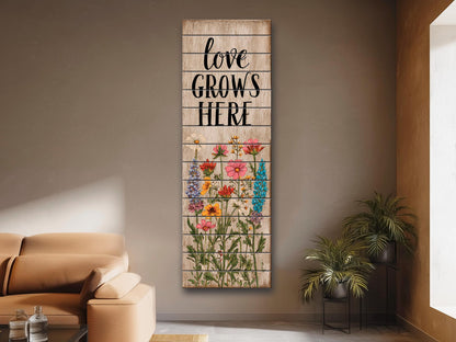 Rustic Wood Wall Art – Love Grows Here Sign With Wildflower Farmhouse Decor