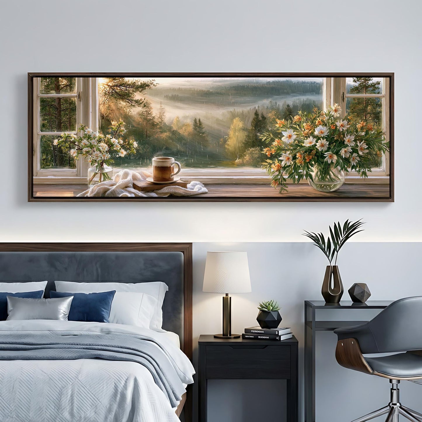 a serene bedroom scene with a large window overlooking a picturesque landscape. The window is adorned with flowers, and a cup and a book are placed on the windowsill. The room features a comfortable bed, a nightstand with a lamp, and a chair. The overall atmosphere of the room is calm and inviting, with the natural light from the window enhancing the beauty of the scene.
