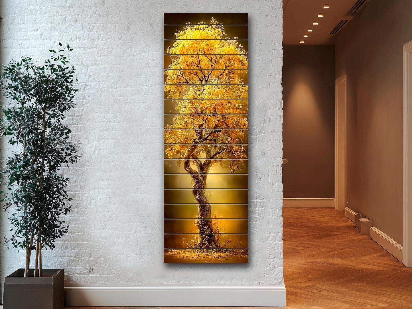 Golden Tree Print on Wood –  Tree with Golden Leaves, Modern Rustic Wall Decor