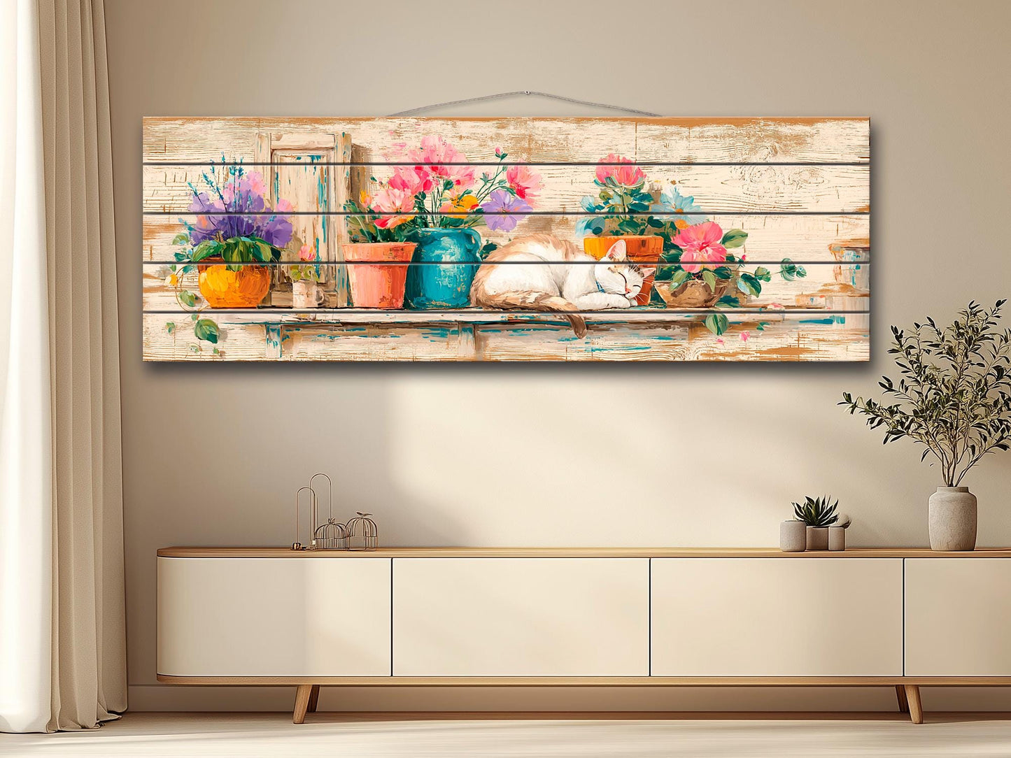 Wood Wall Art – Cozy Sleeping Cat Painting on Natural Wood Plank | Rustic Floral Decor