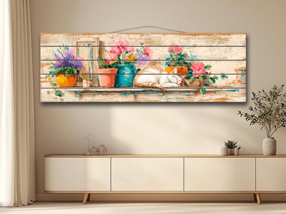Wood Wall Art – Cozy Sleeping Cat Painting on Natural Wood Plank | Rustic Floral Decor