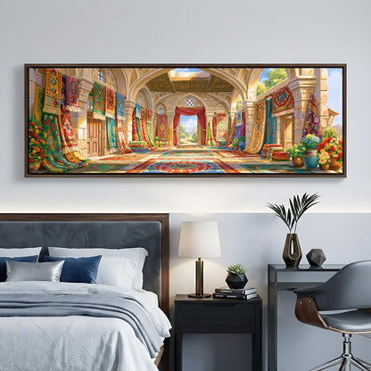 a large, ornate hallway with arched doorways, columns, and a central archway. The hallway is decorated with colorful tapestries and rugs, creating a warm and inviting atmosphere. The hallway leads to a doorway at the end, suggesting a transition or exit point. The overall scene is visually striking and well-designed, with a harmonious balance of colors, patterns, and architectural elements.