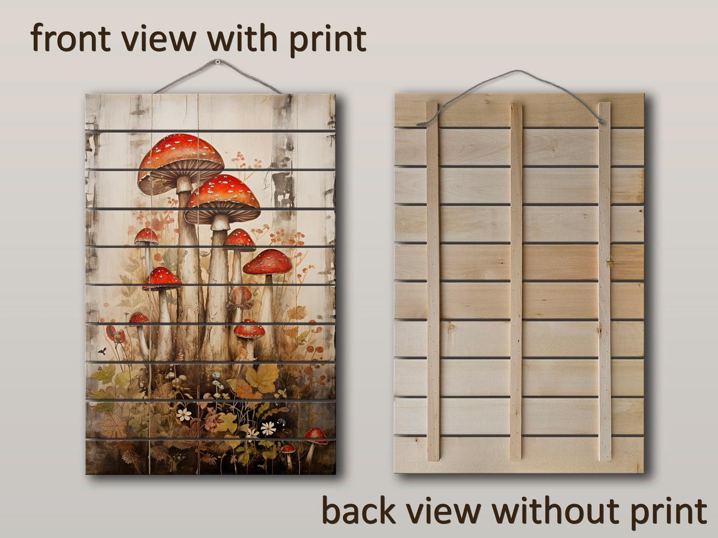 Rustic Wood Wall Art – Mushroom Garden Print on Natural Wood Planks