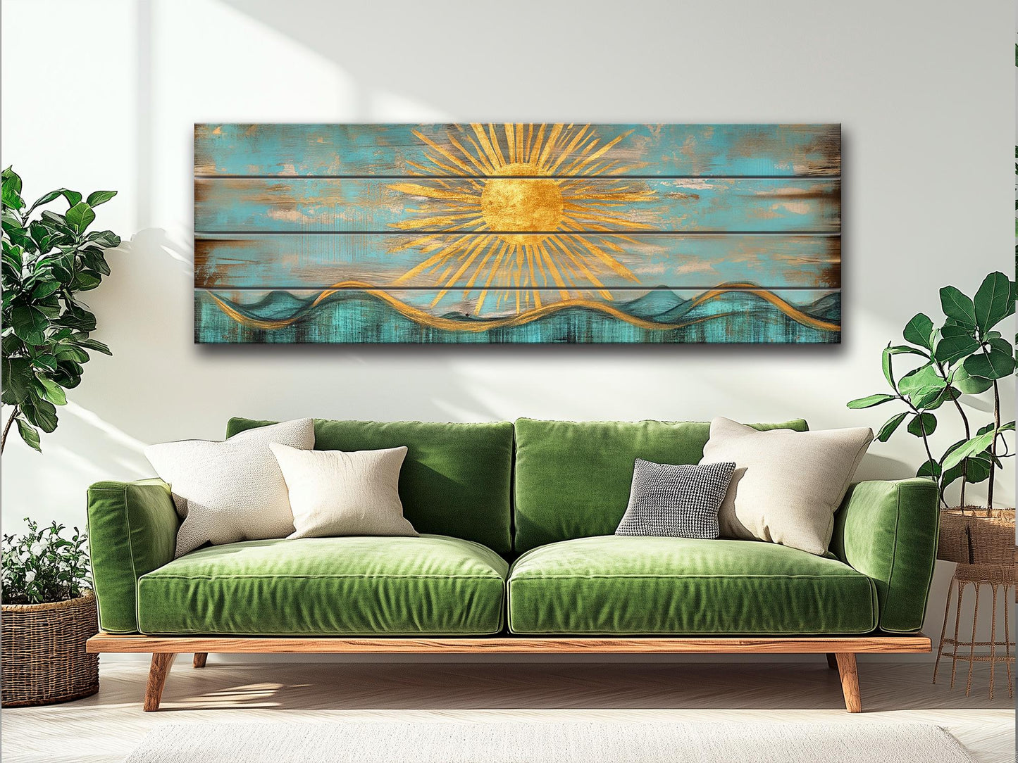 Abstract Golden Sun Over Turquoise Waves Print on Natural Wood, Boho Sunrise Print, Rustic Sun Painting, Boho Wall Decor, Wood in Interior