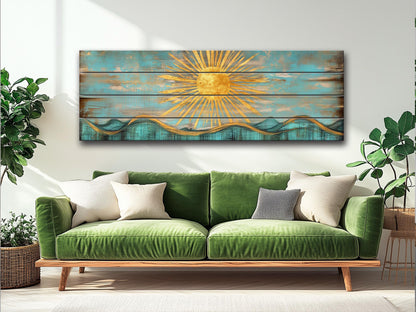 Abstract Golden Sun Over Turquoise Waves Print on Natural Wood, Boho Sunrise Print, Rustic Sun Painting, Boho Wall Decor, Wood in Interior