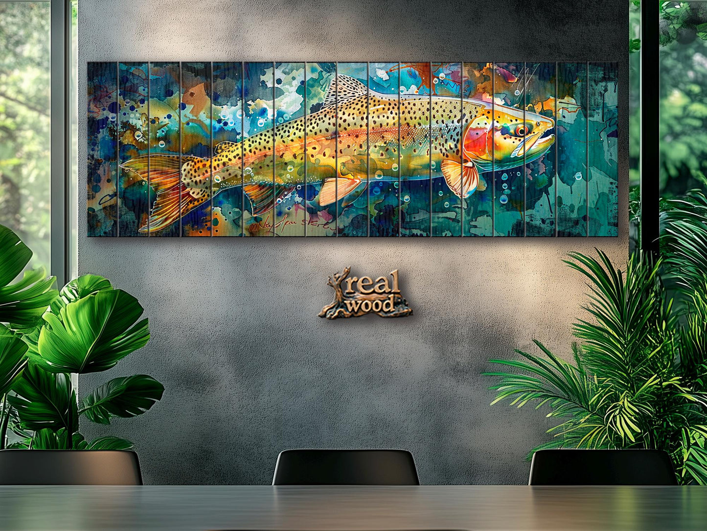 Rainbow Trout Painting Printed on Wood, Fishing Wall Art, Rustic Wood Wall Decor