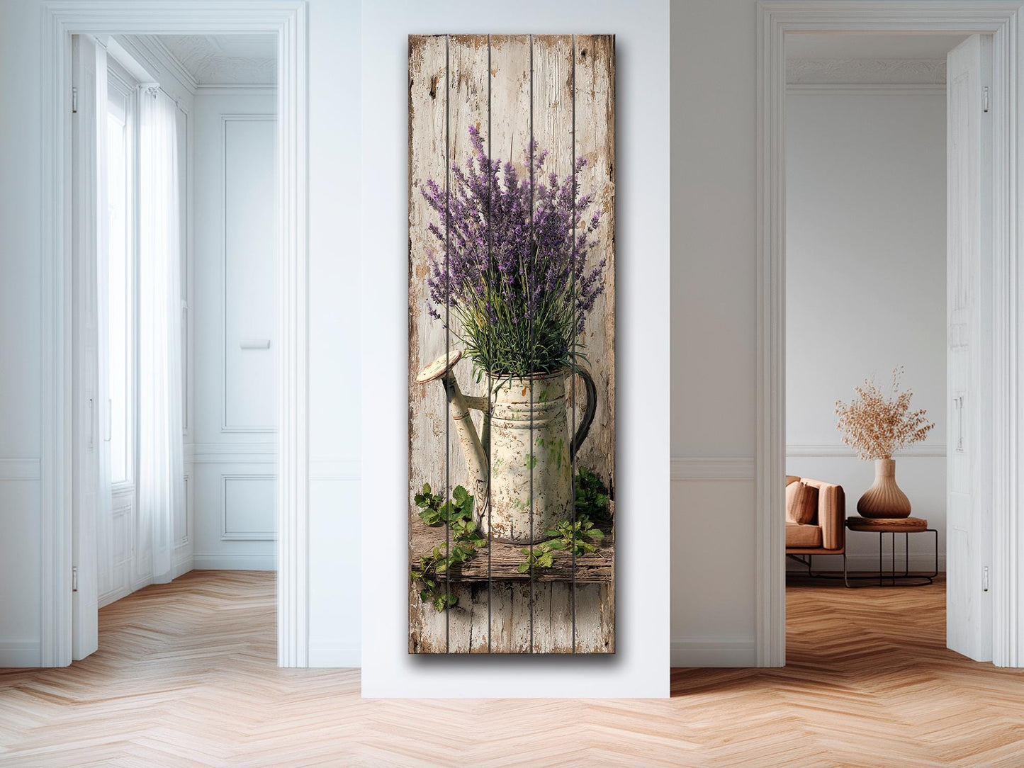 Rustic Wood Wall Art – Lavender Watering Can Art | Farmhouse Floral Decor