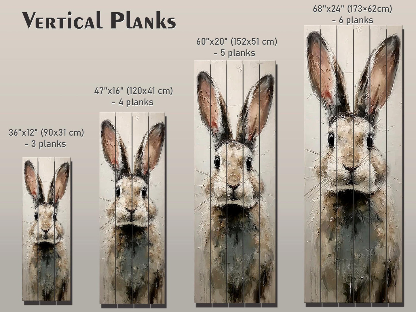 Rabbit Portrait Print on Wood – Beige and Gray Brushstroke Oil Painting, Neutral Rustic Wall Art