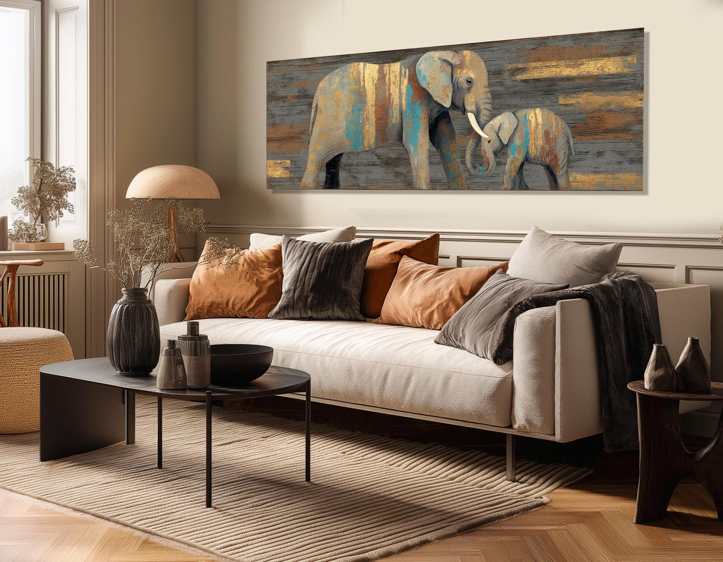Elephants Wall Art – Rustic Mother Elephant Canvas Print | Ready to Hang Framed Decor