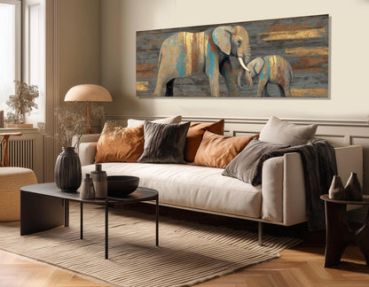 Elephants Wall Art – Rustic Mother Elephant Canvas Print | Ready to Hang Framed Decor