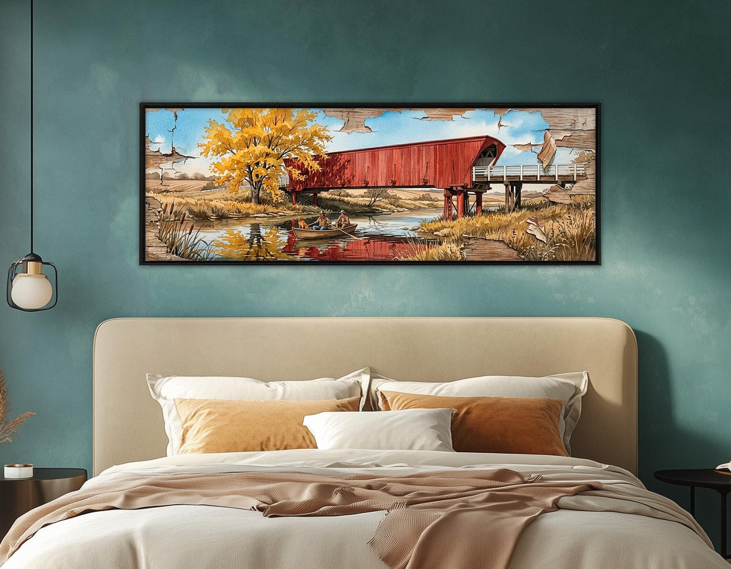 Roseman Bridge Canvas Print, Panoramic Covered Bridge Painting, Large River Wall Art, Framed and Ready to Hang