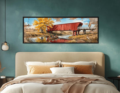 Roseman Bridge Canvas Print, Panoramic Covered Bridge Painting, Large River Wall Art, Framed and Ready to Hang