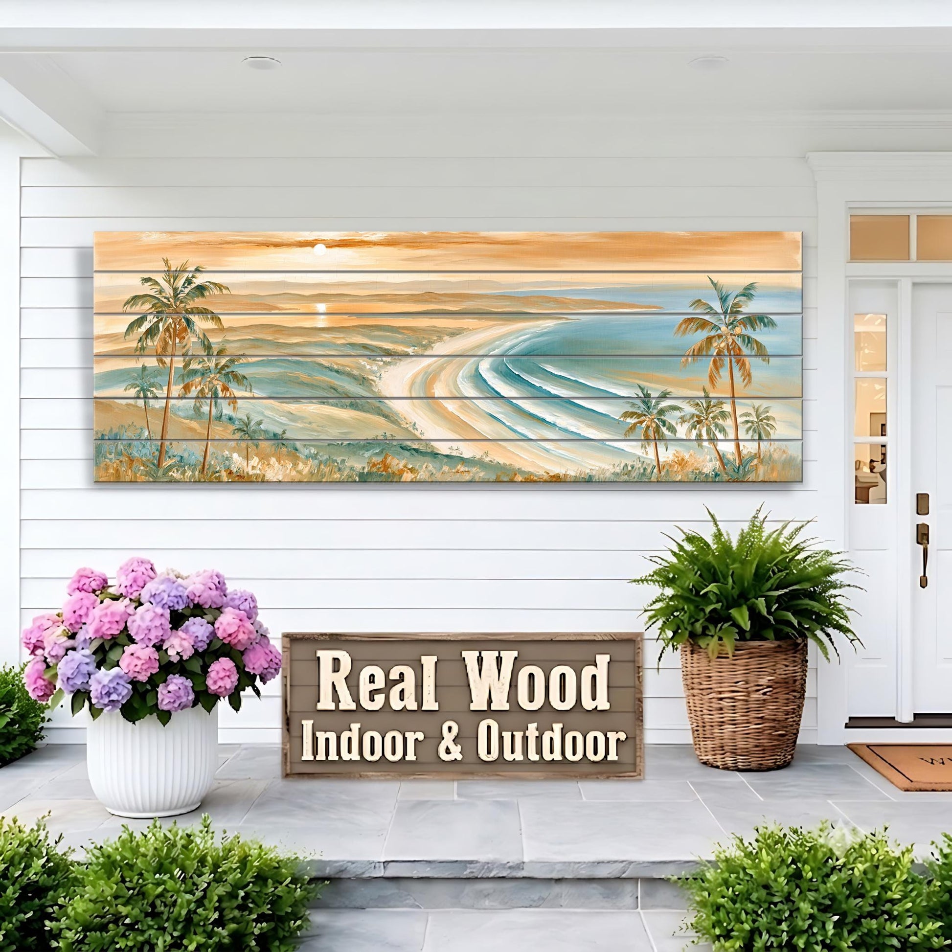 a large painting of a beach scene with palm trees, a wicker basket, and a wooden sign that reads "Real Wood Indoor & Outdoor".