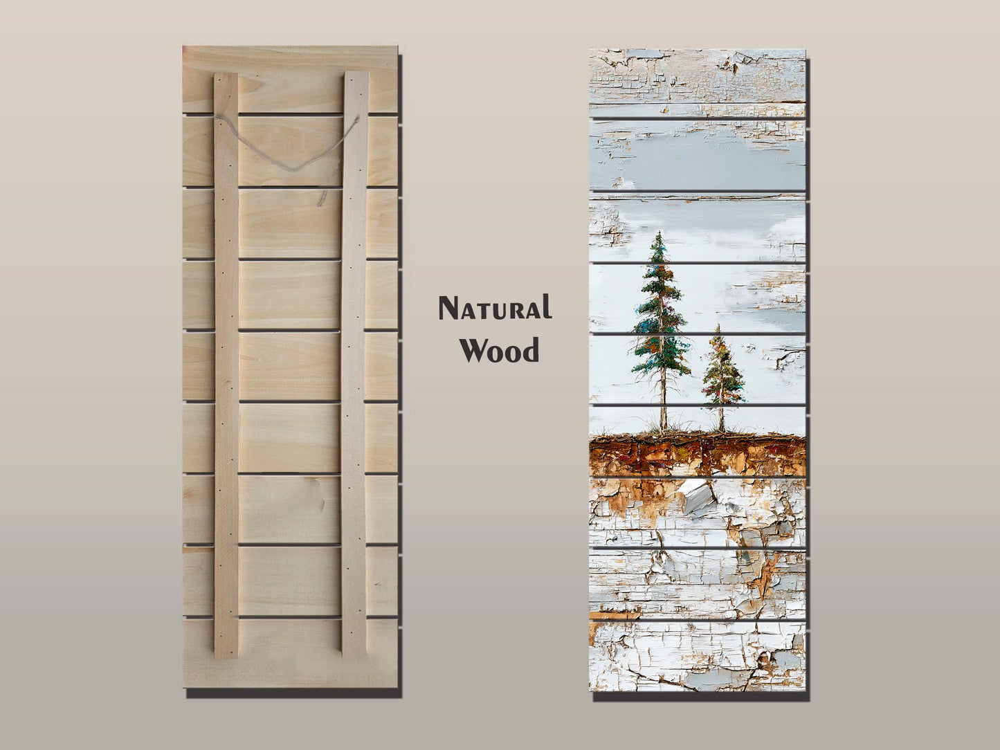 Wabi Sabi Wall Art – Rustic Wood Decor with Pine Tree Painting on Natural Wood Grain