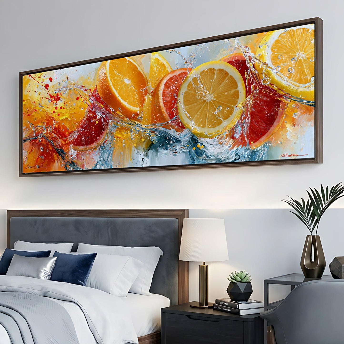 a large, colorful painting of oranges and water splashing on a wall above a bed with white bedding.