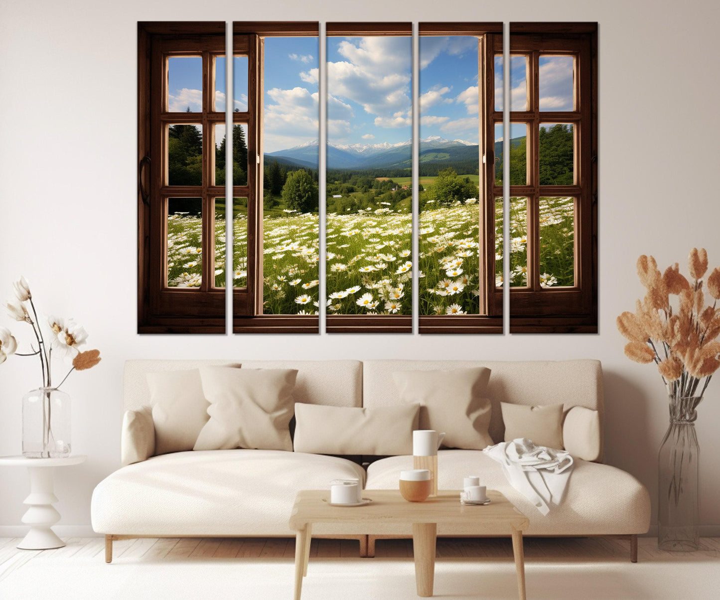 Chamomile Field Canvas – Open Window Faux Window Wall Art, Framed Canvas Print Ready to Hang