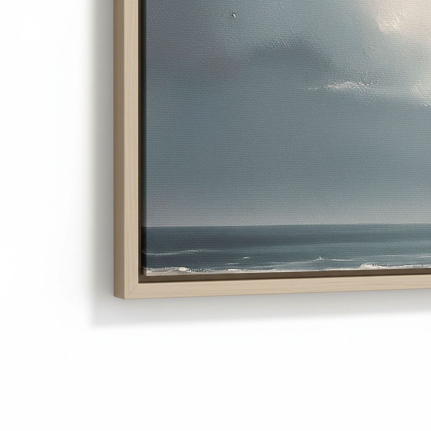 The image is a framed painting depicting a serene ocean scene with a cloudy sky above.