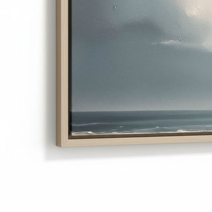 The image is a framed painting depicting a serene ocean scene with a cloudy sky above.
