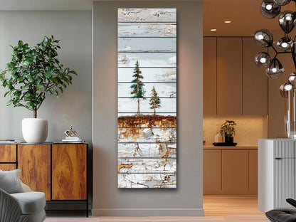 Wabi Sabi Wall Art – Rustic Wood Decor with Pine Tree Painting on Natural Wood Grain