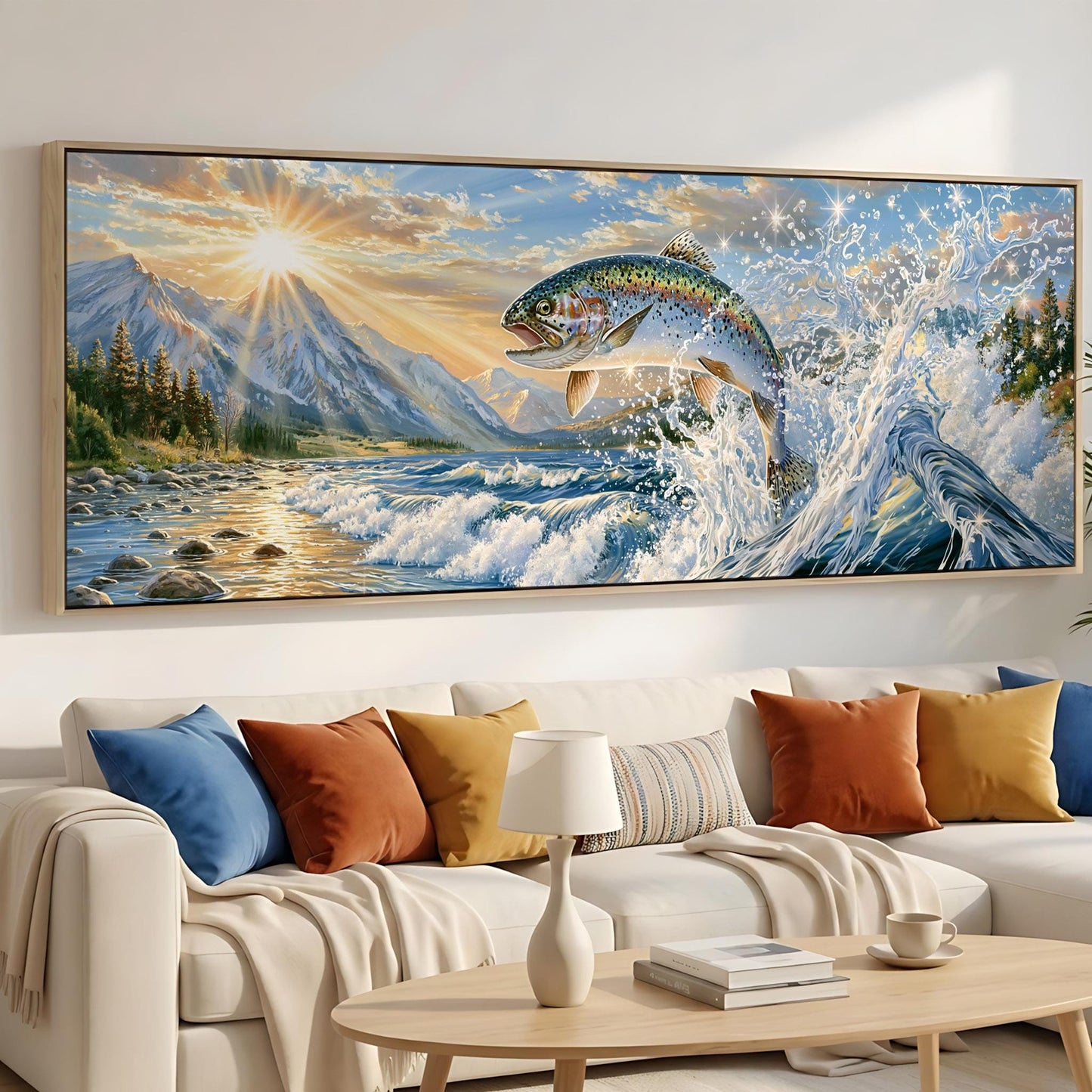 a large painting of a fish leaping out of the water, set against a backdrop of mountains and a sunset. The painting is hung on a wall above a white couch, which is adorned with colorful throw pillows. In the foreground, there is a coffee table with a book and a cup on it.