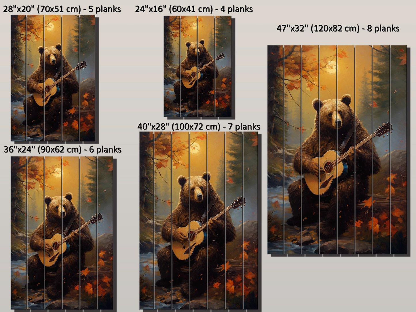 Bear Guitar Wall Art – Rustic Wood Print On Natural Wood Plank Art