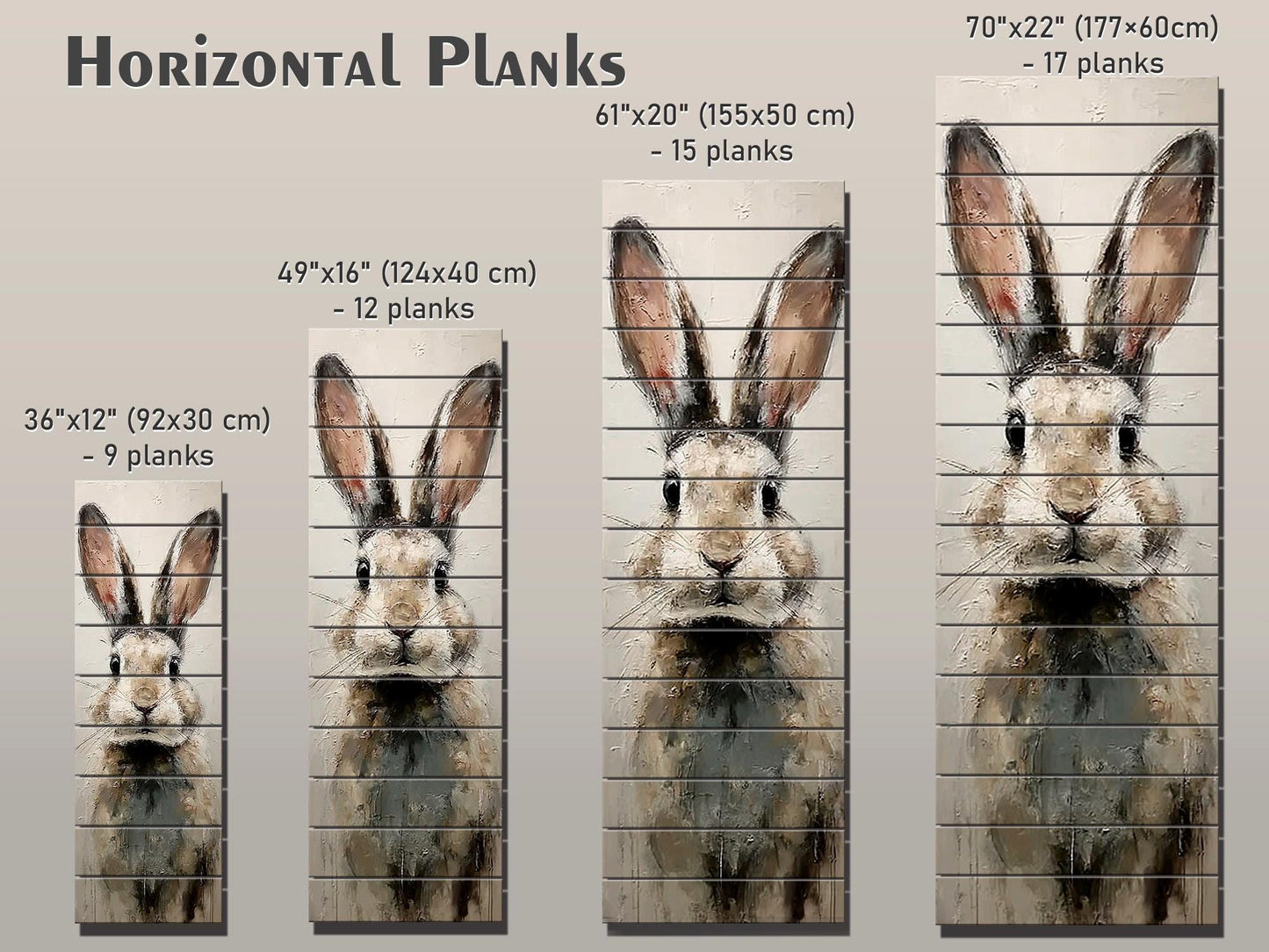 Rabbit Portrait Print on Wood – Beige and Gray Brushstroke Oil Painting, Neutral Rustic Wall Art