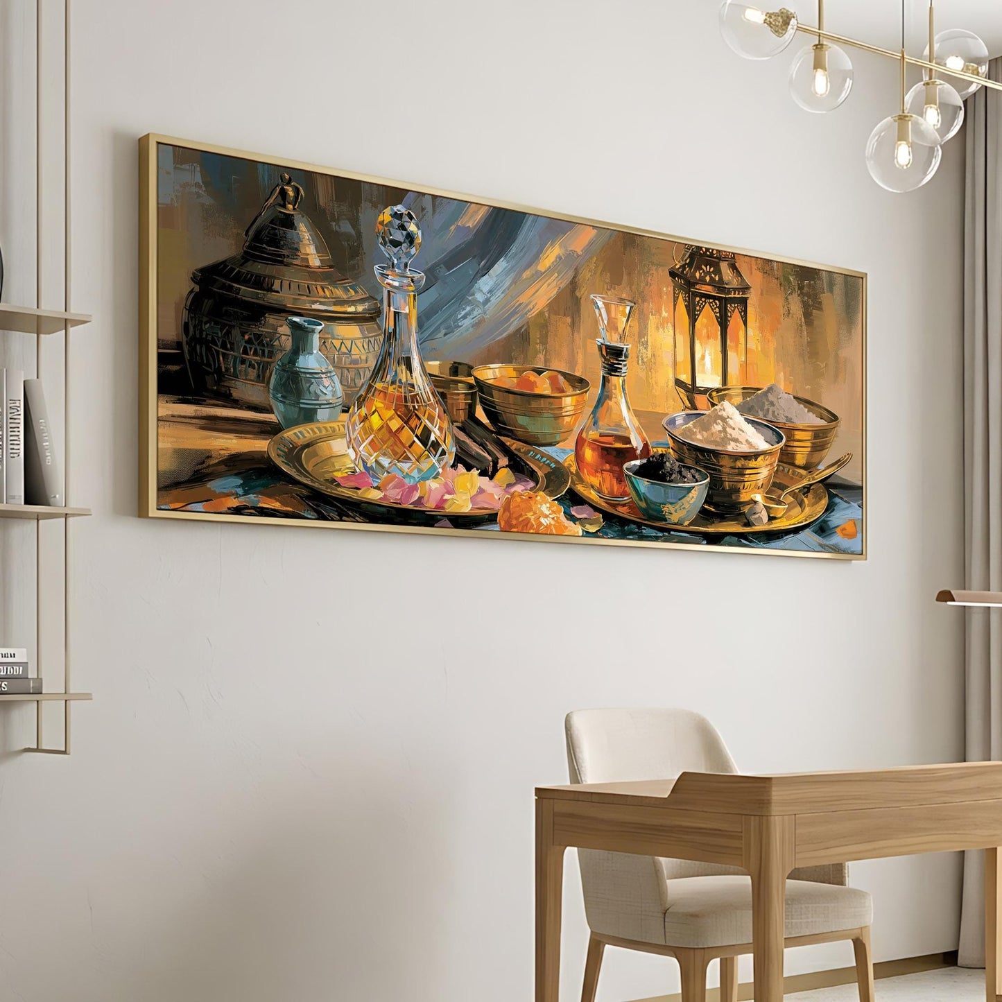 a large painting of a still life arrangement on a wall, depicting various objects such as vases, bowls, and a lamp.