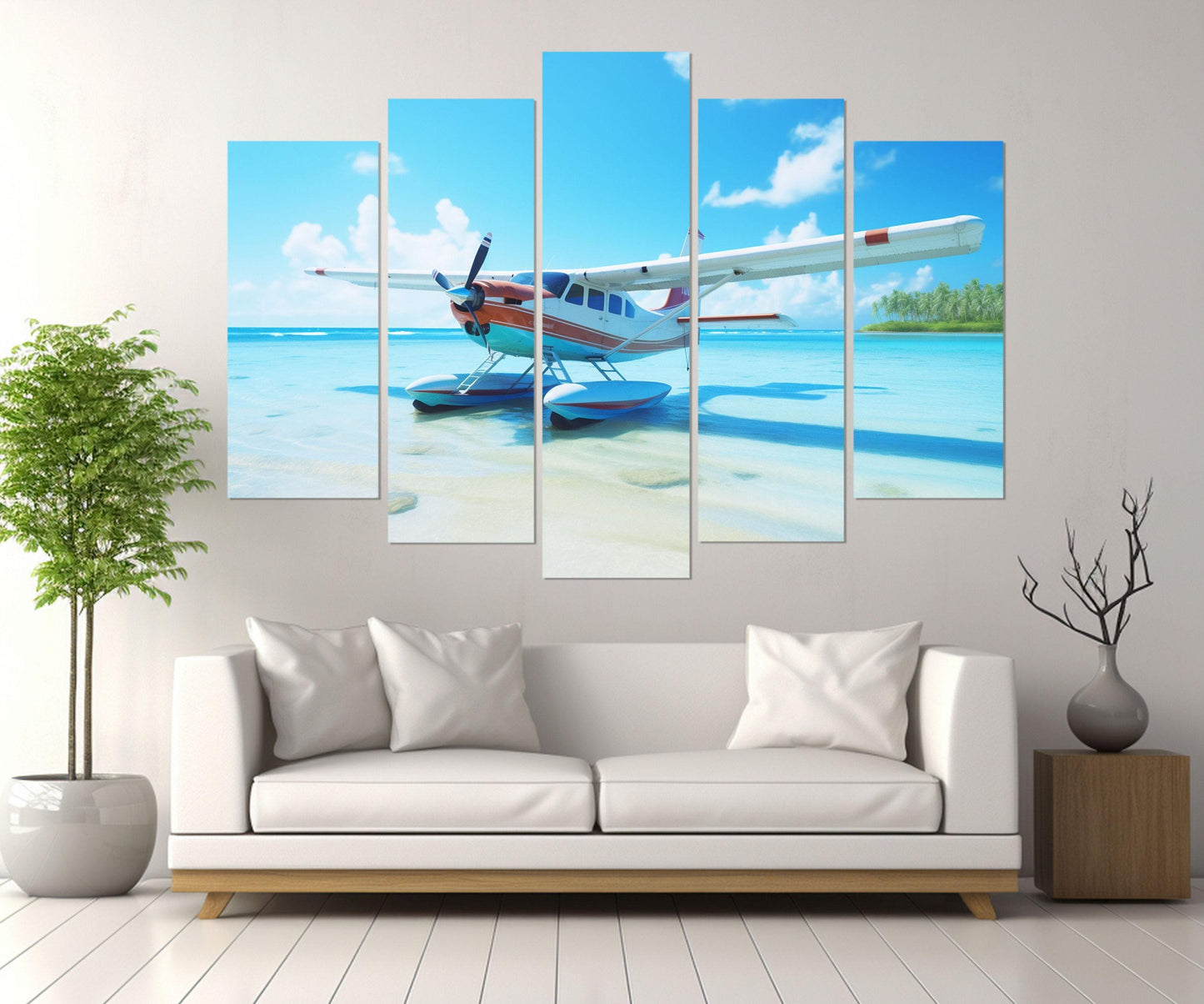 Maldives Beach Canvas Seaplane Wall Art – Framed Floating Frame, Ready to Hang