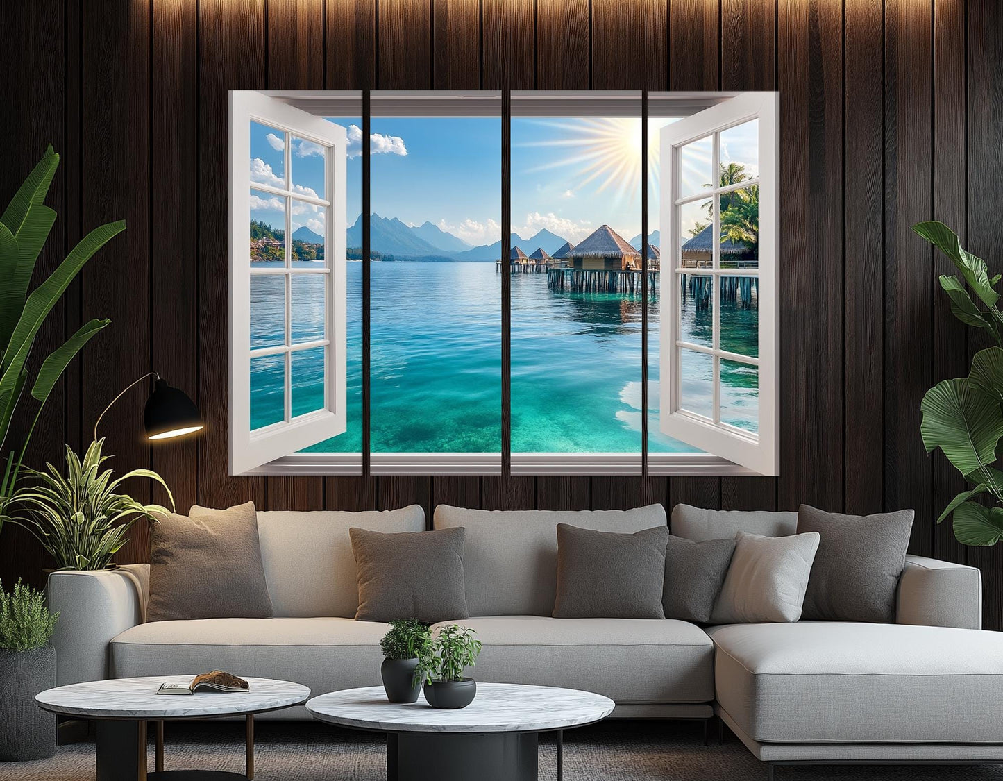 Maldives Canvas Print – Open Window View with Maldives Bungalows | Ready to Hang Framed Art