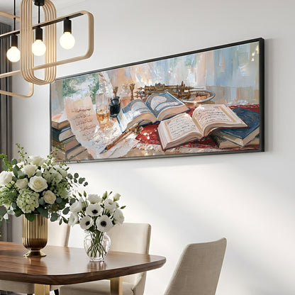a large painting of a table with books and flowers, hanging on a white wall above a wooden dining table with chairs.