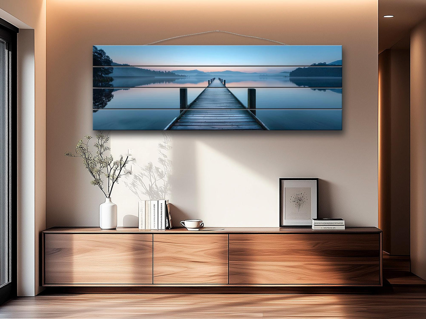 Wooden Dock Print – Rustic Lake Art on Natural Linden Wood Planks | UV Printed Wood