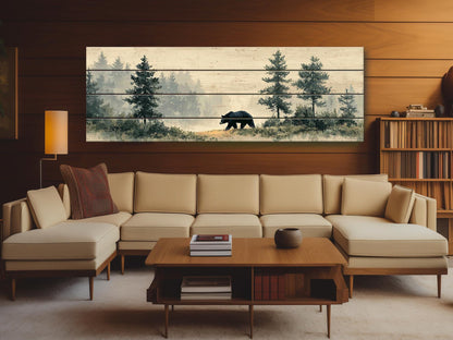 Black Bear Wall Art – Rustic Cabin Decor | Natural Wood Forest Animal Print
