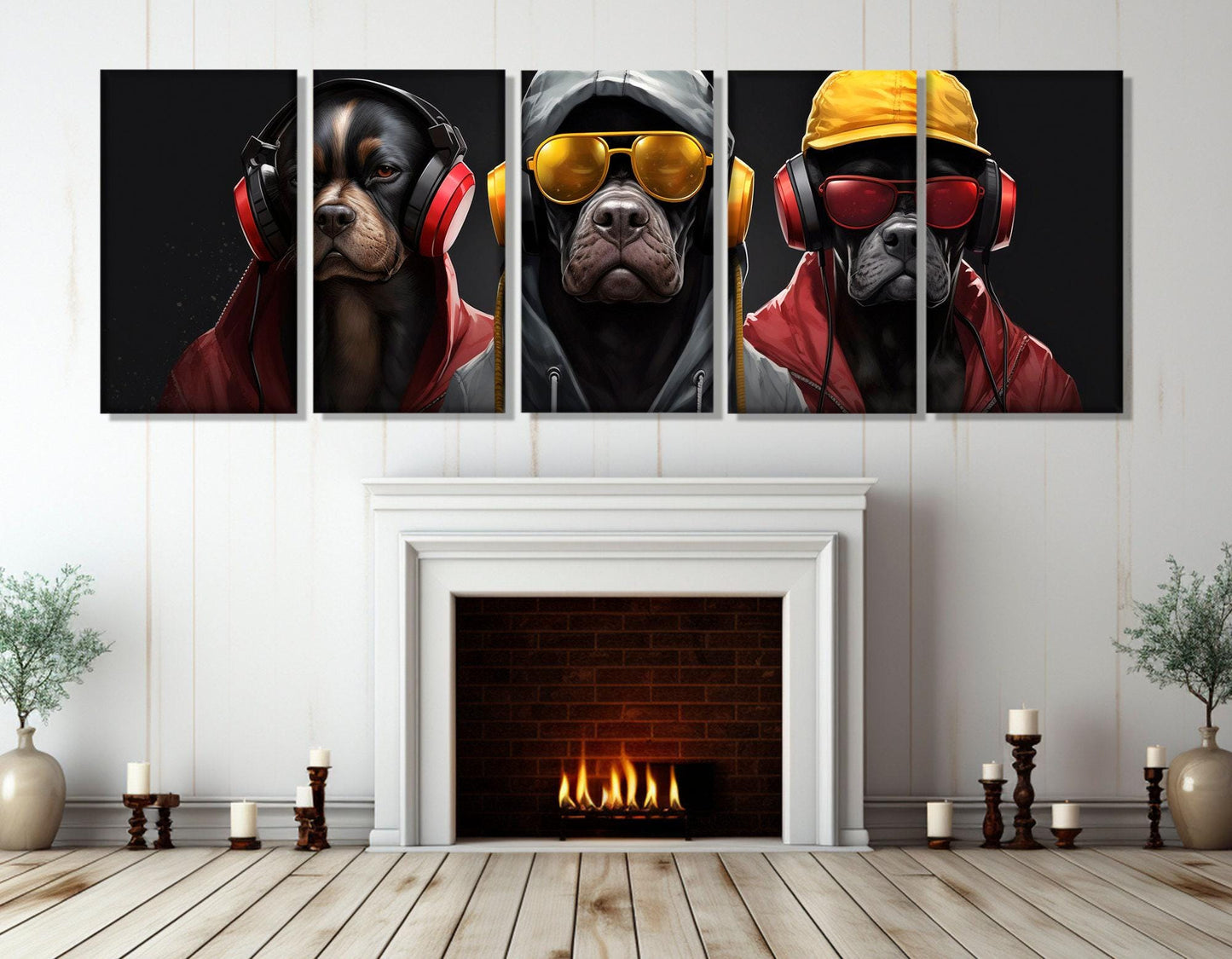 Dogs in Headphones Canvas – Modern Pet Artwork | Floating Frame Canvas, Cool Dogs Wall Decor