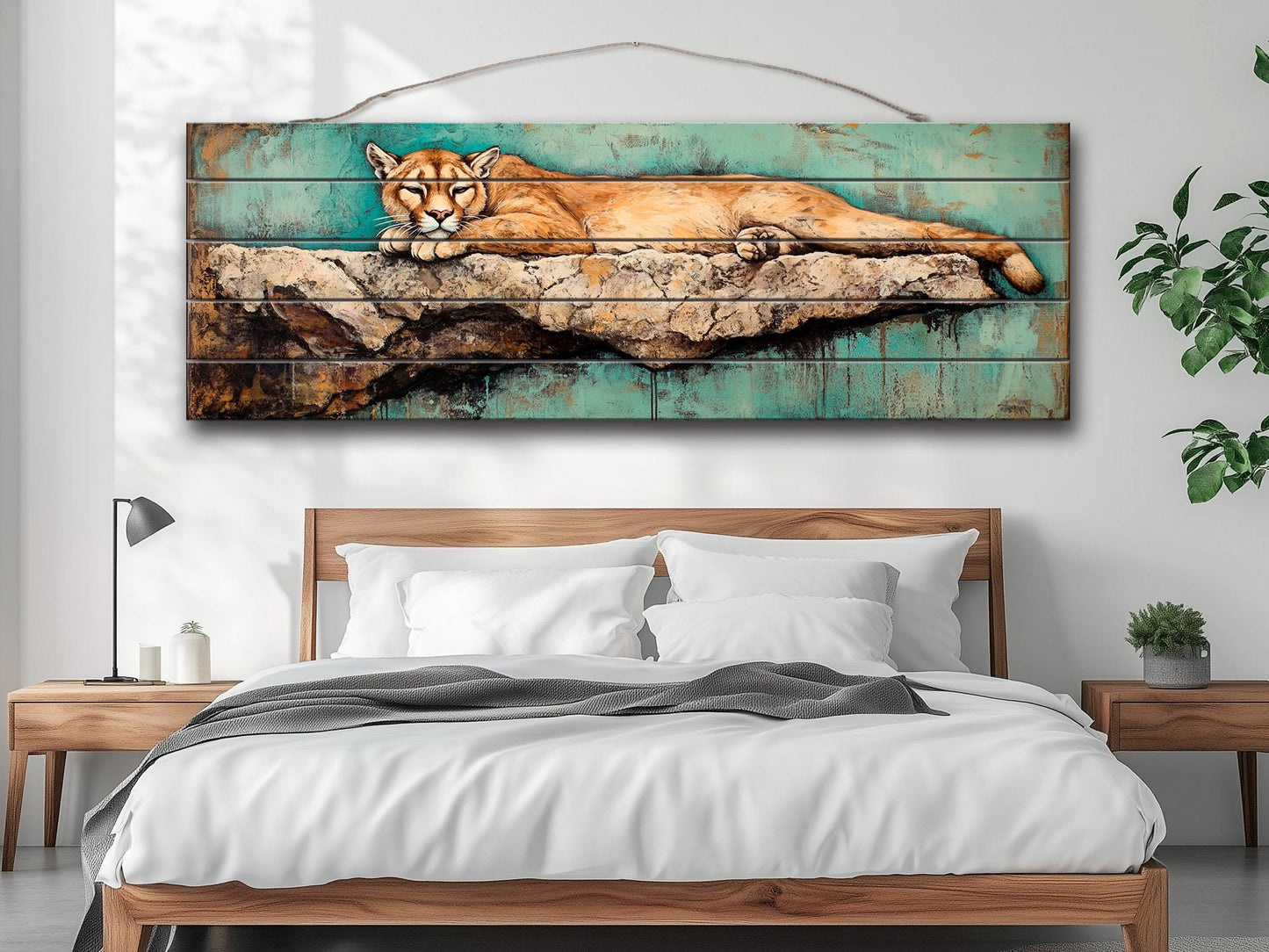 Rustic Wood Wall Art - Mountain Lion on a Rocky Ledge Print on Natural Wood, Lions Wall Art, Mountain Lion Painting, Forest Animals Prints