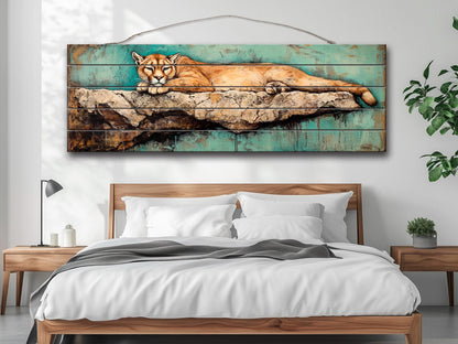 Rustic Wood Wall Art - Mountain Lion on a Rocky Ledge Print on Natural Wood, Lions Wall Art, Mountain Lion Painting, Forest Animals Prints