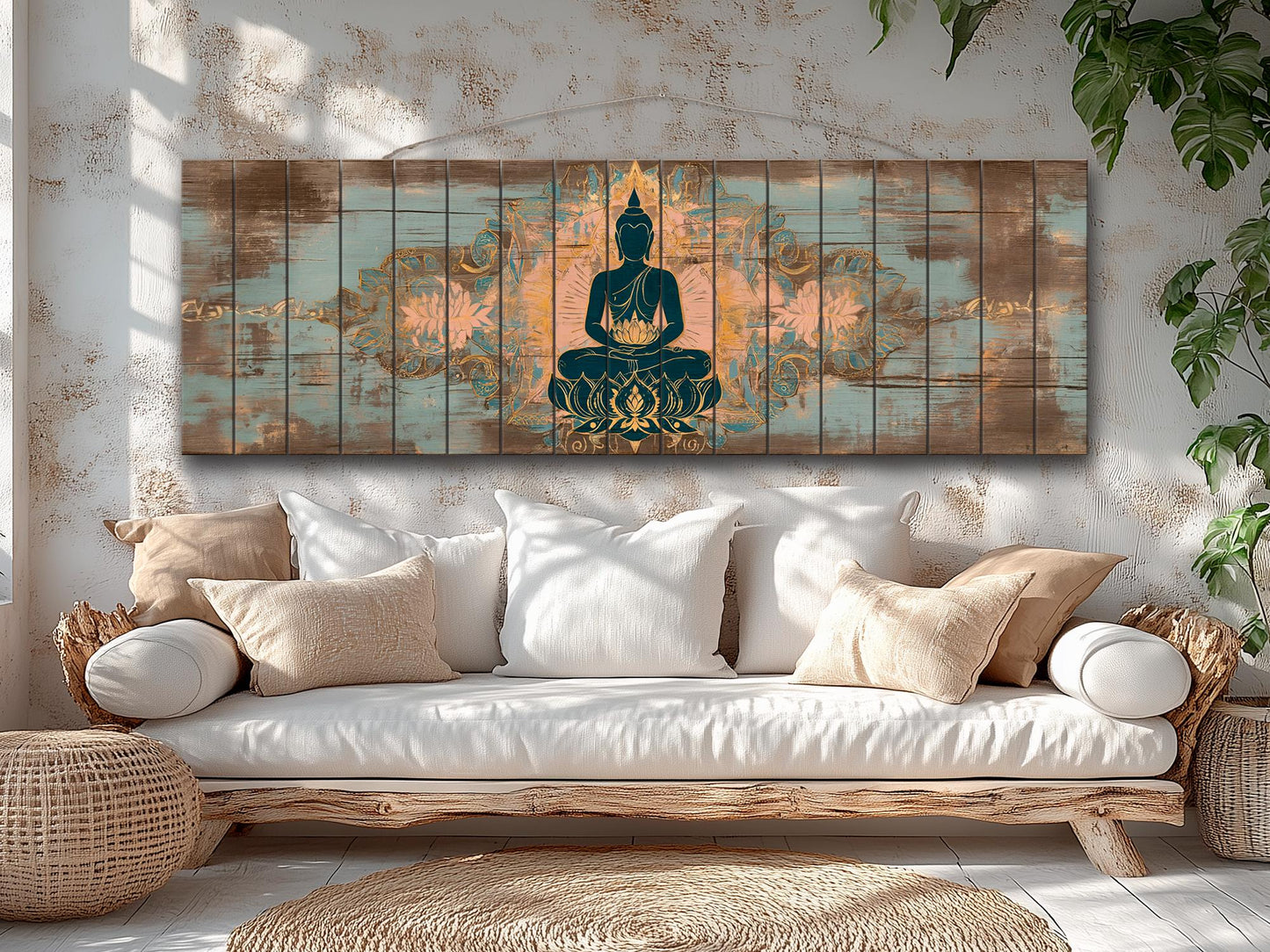 Wood Wall Art - Peaceful Buddha Print on Natural Wood, Buddhist Wall Art, Large Buddha Painting, Buddhist Gift, Rustic Buddhist Wall Decor