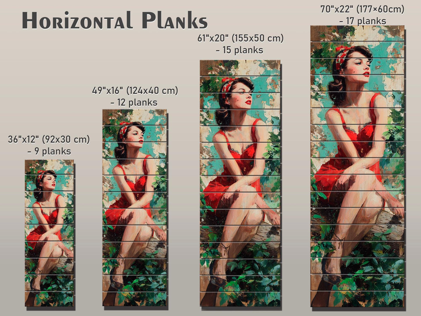 Pin Up Wood Print - Vintage Wall Art on Rustic Wood Plank with Forest Scene