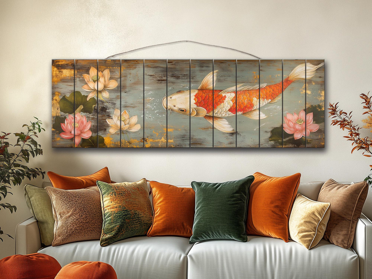 Wood Wall Art - Koi Fish Painting Printed on Wood, Fishing Wall Art, Koi Fish Poster, Fisherman Gift, Cabin Wall Decor, Fishing Lodge Decor