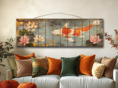 Wood Wall Art - Koi Fish Painting Printed on Wood, Fishing Wall Art, Koi Fish Poster, Fisherman Gift, Cabin Wall Decor, Fishing Lodge Decor