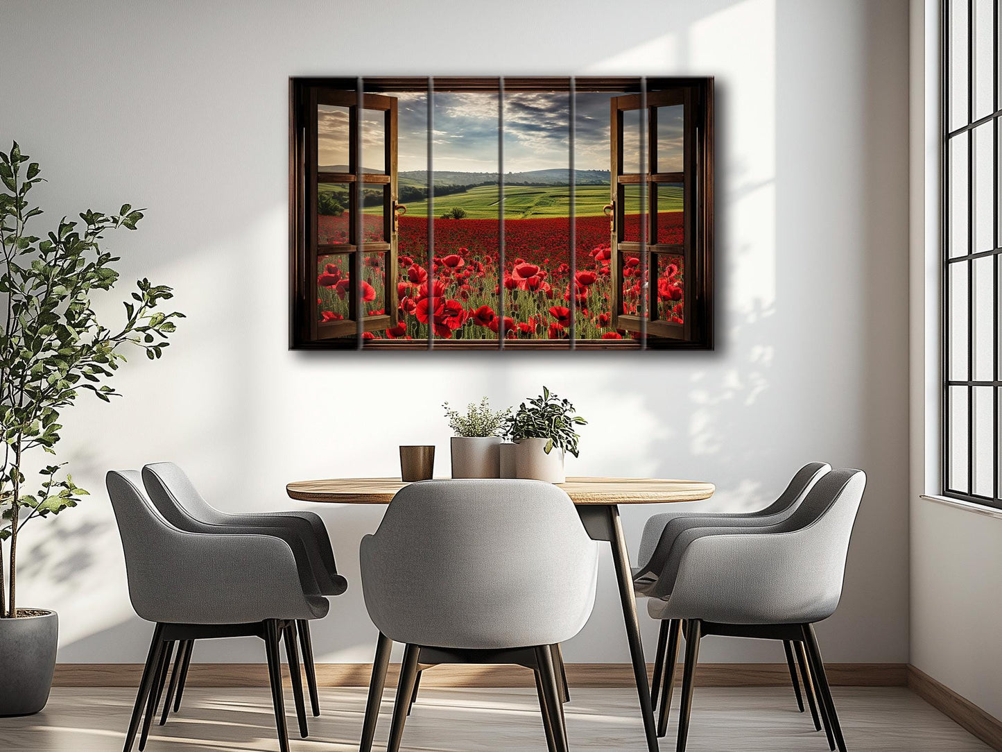 Wood Wall Art – Faux Window Print with Poppy Field Painting | Rustic Farmhouse Decor