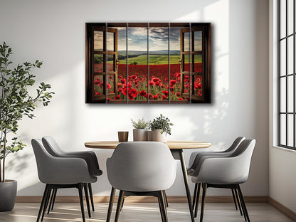 Wood Wall Art – Faux Window Print with Poppy Field Painting | Rustic Farmhouse Decor