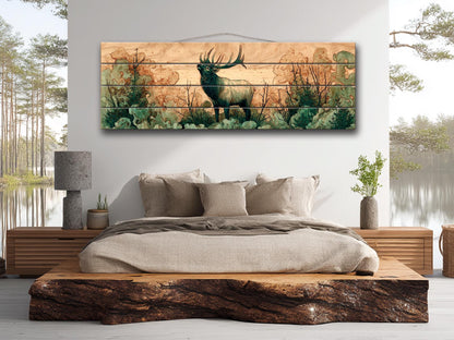 Elk Print On Wood – Rustic Wood Art With Misty Forest Wall Painting & Wildlife Decor