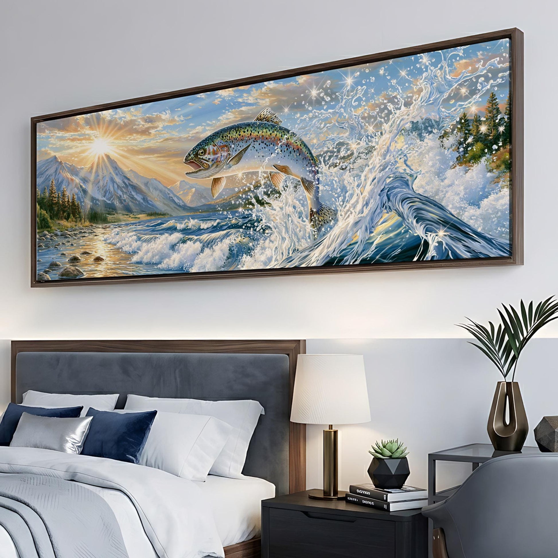 a large painting of a fish leaping out of the water, set against a backdrop of a mountain landscape with a sunset.