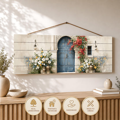 Moroccan Blue Door Canvas Print, Mediterranean Entryway Wall Art, Floral Courtyard Painting, Moroccan Decor