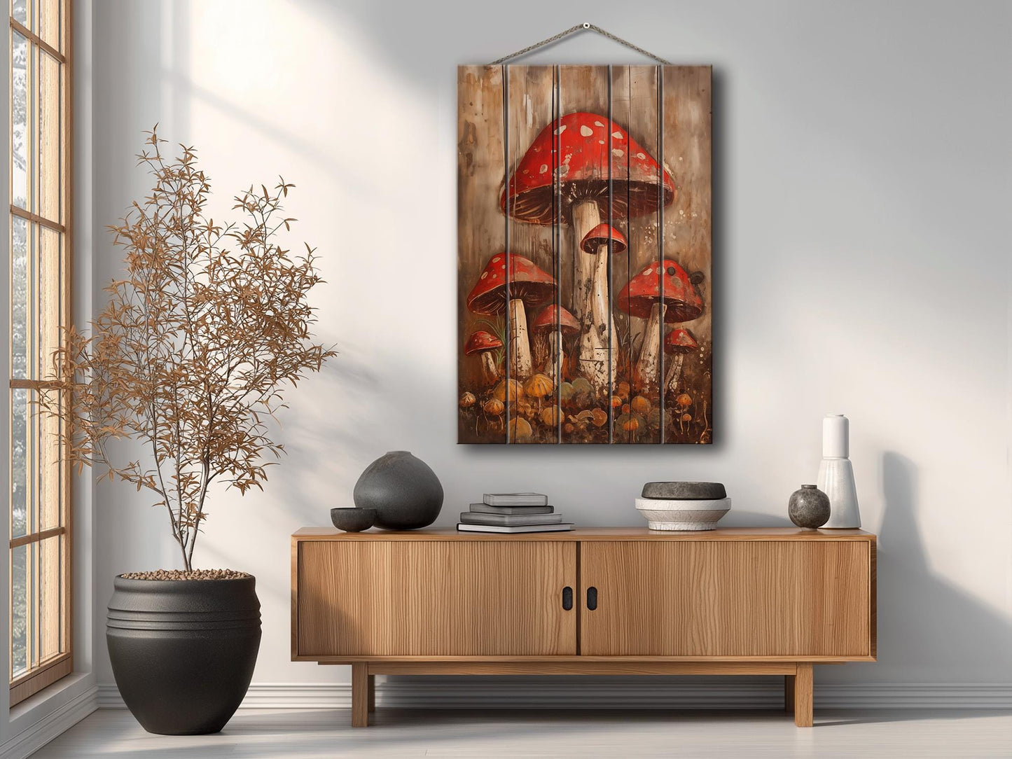 Rustic Mushroom Wall Art – Natural Wood Print | Forest Garden Decor