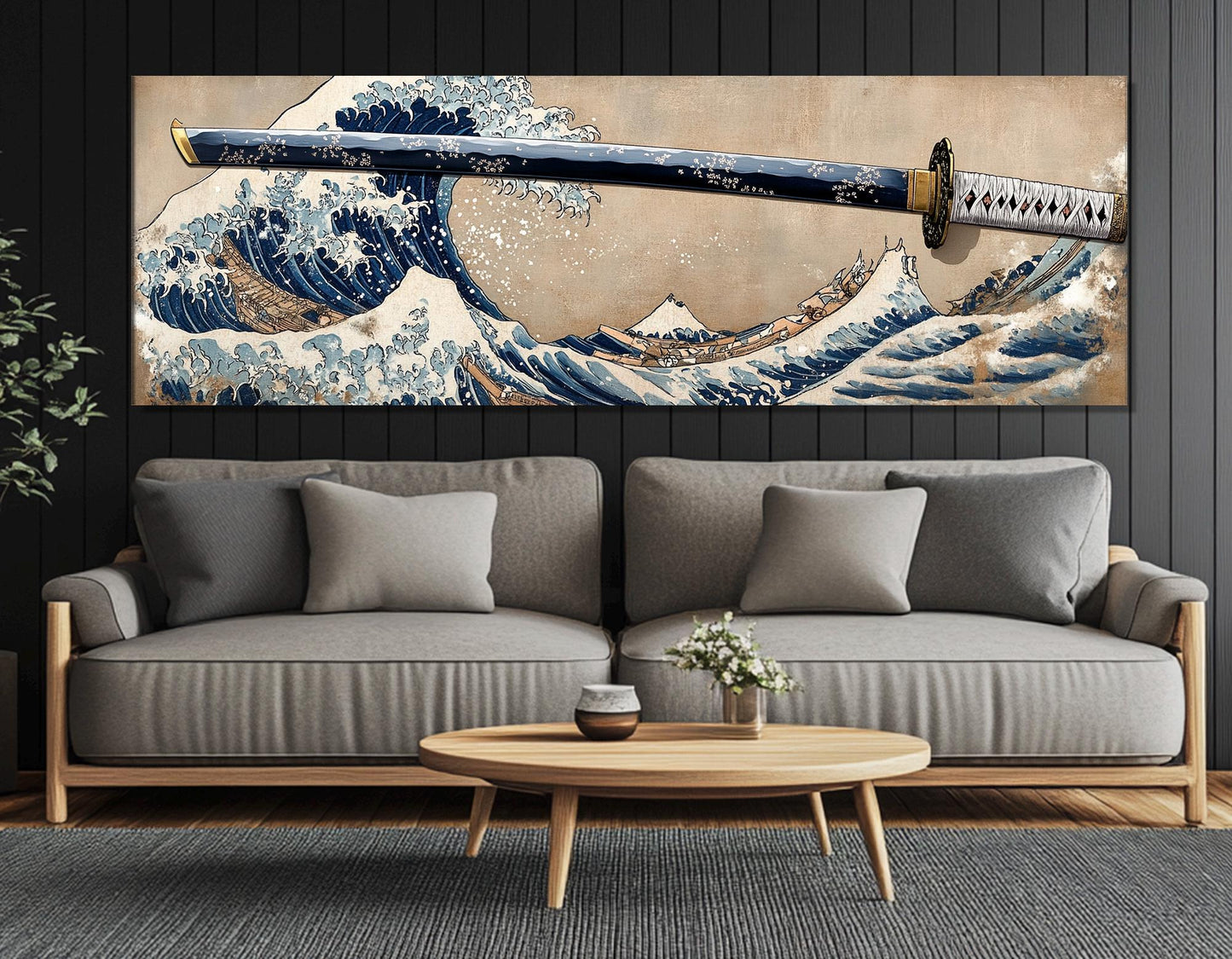 Japanese Wall Art - The Great Wave Off Kanagawa & Samurai Sword Framed Canvas Print