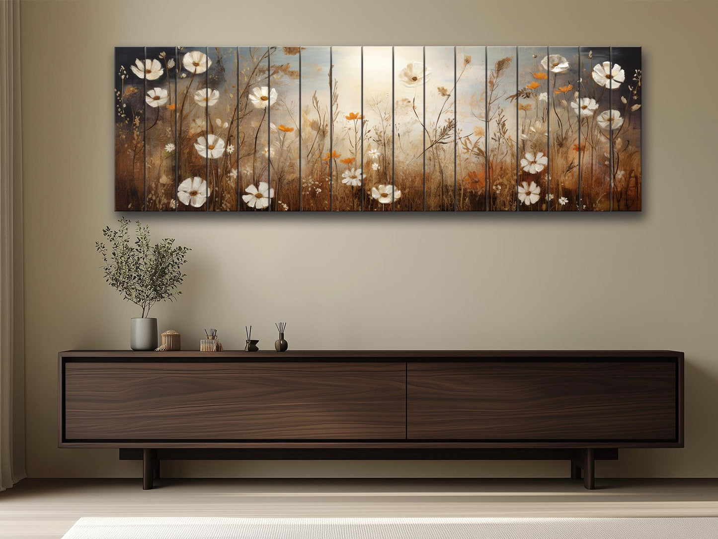 Wildflowers Field Painting Printed on Natural Wood - Wildflowers Field Print